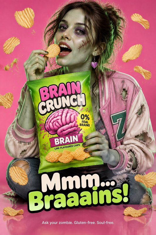 Playful zombie woman eating Brain Crunch lime flavored potato chips against a bright pink background