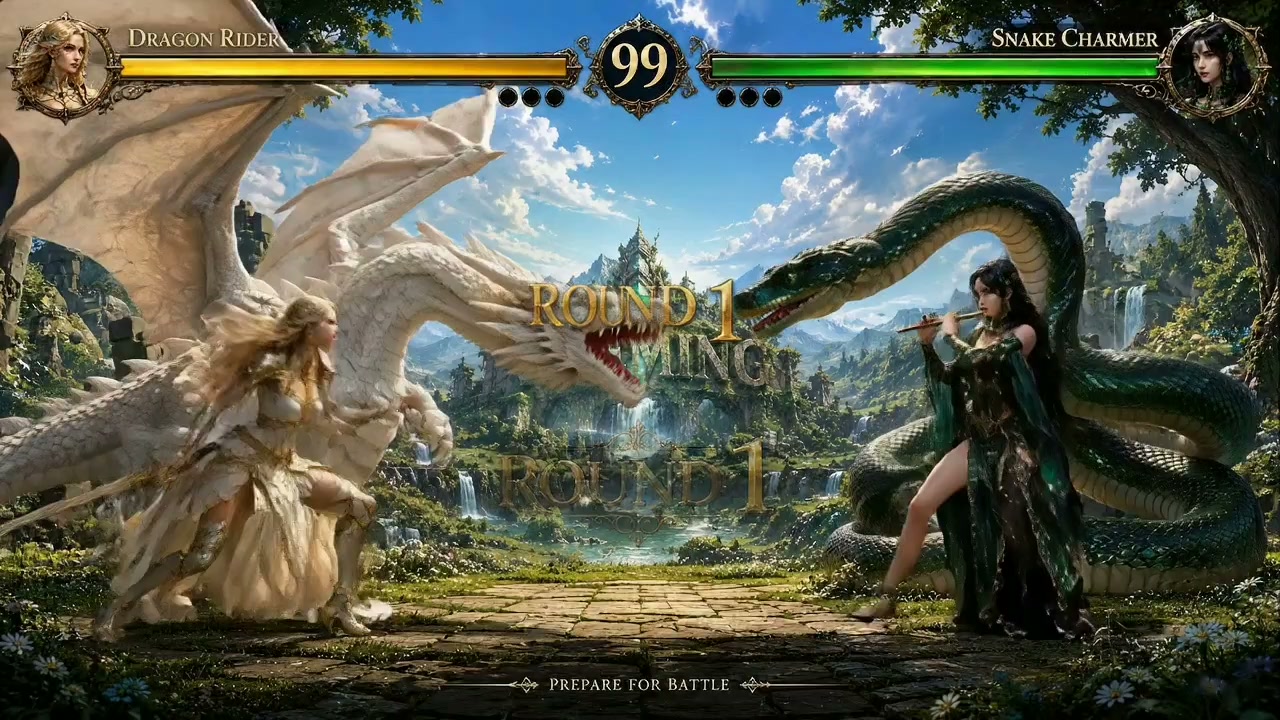 Fantasy battle scene featuring a white dragon rider on the left vs a serpent-wielding snake charm...