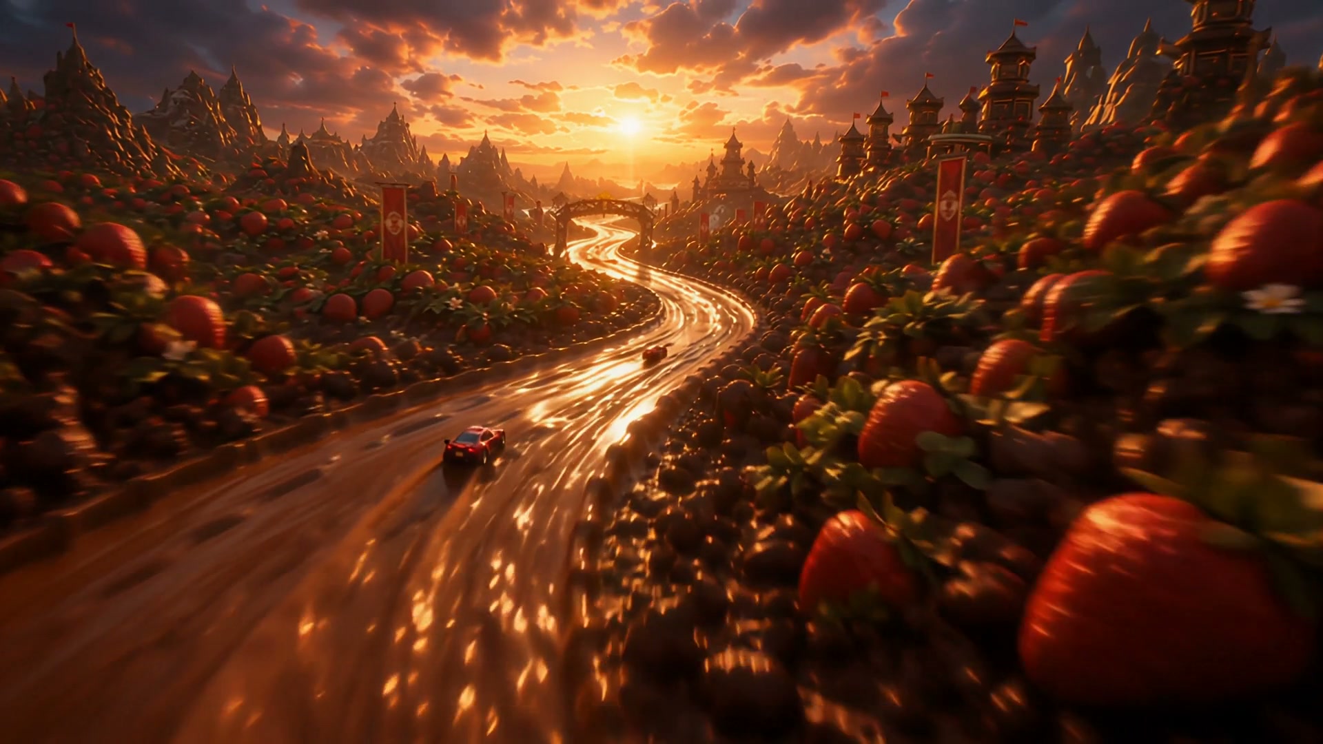 Golden sunset over a pumpkin-filled valley with a glowing winding road