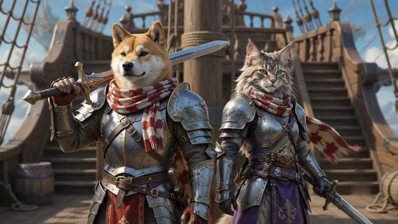 Shiba Inu and a cat in full plate armor on a ship, wielding swords.
