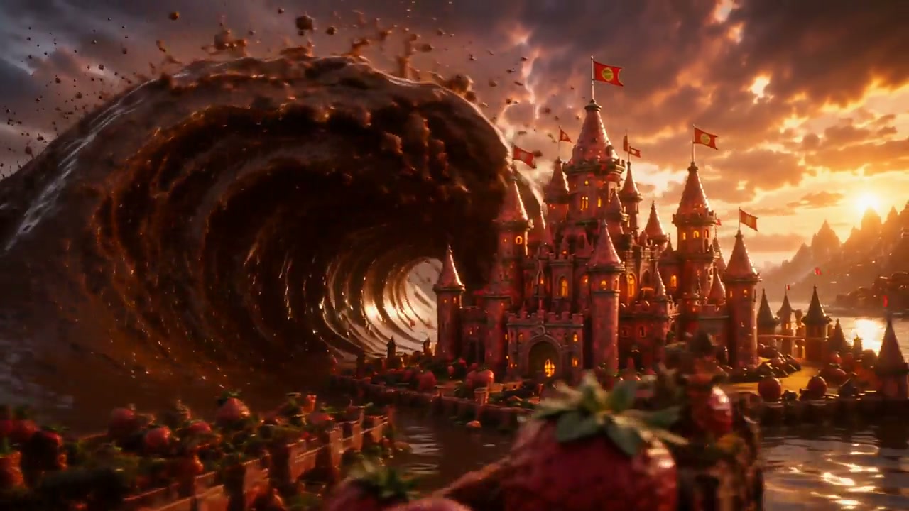A fantasy castle under siege as a colossal dark vortex swirls toward it at sunset.