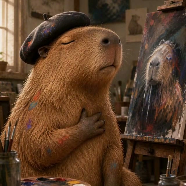 Anthropomorphic capybara in a paint-splattered beret admires its self-portrait painting in a cozy...