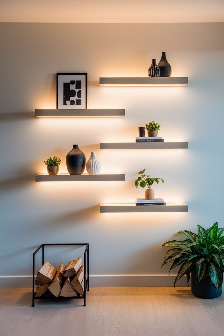 Modern living room wall with illuminated floating shelves, decorative vases, plants, and framed art.