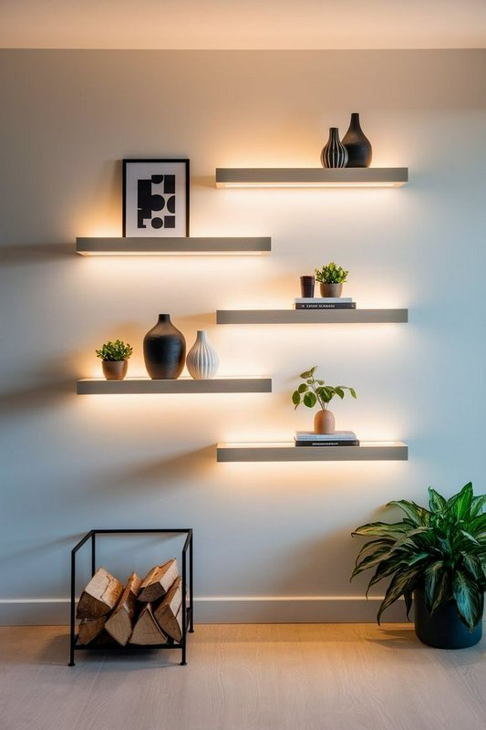 Modern living room wall with illuminated floating shelves, decorative vases, plants, and framed art.