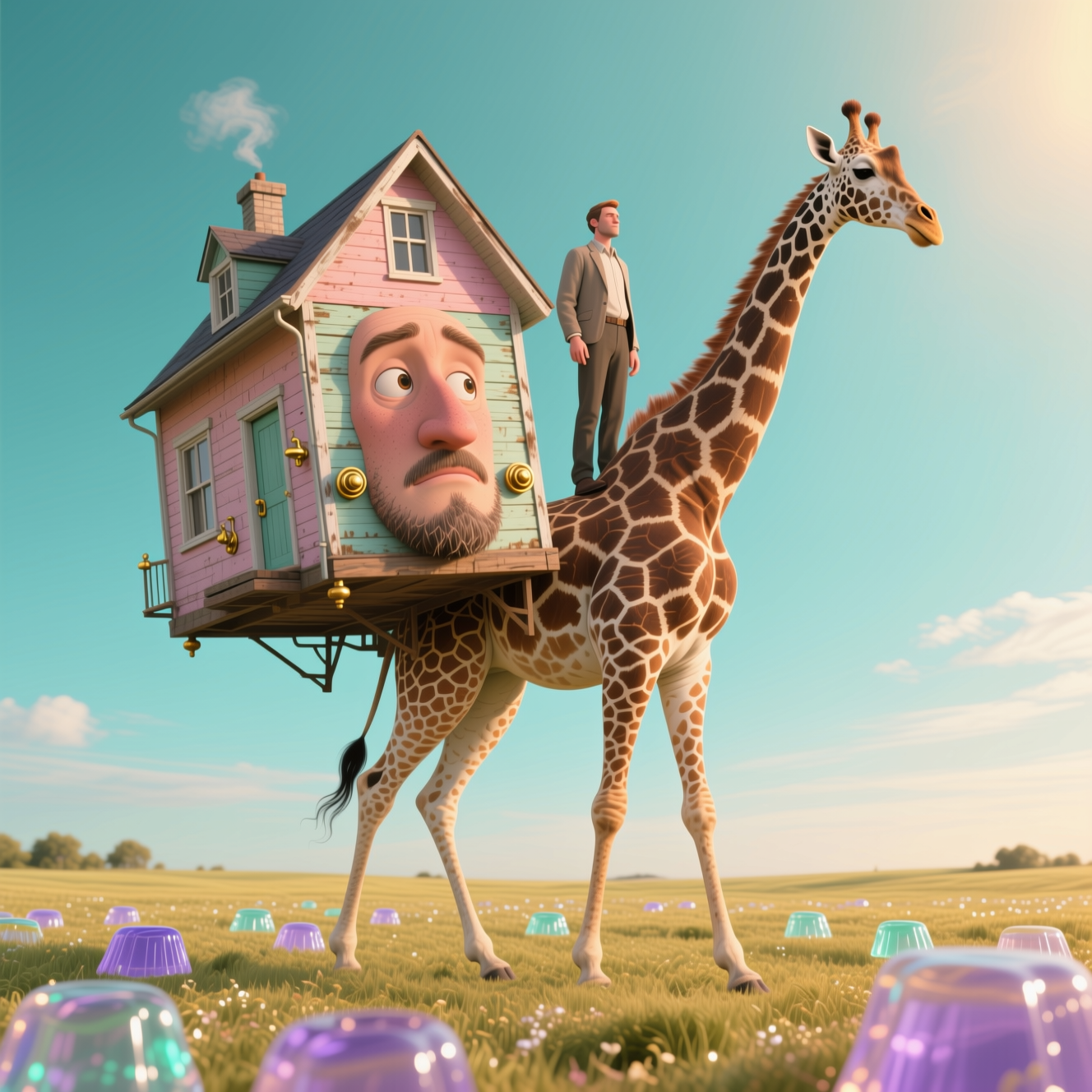 Surreal giraffe carrying a pastel tiny house on its back with a man standing on the roof.