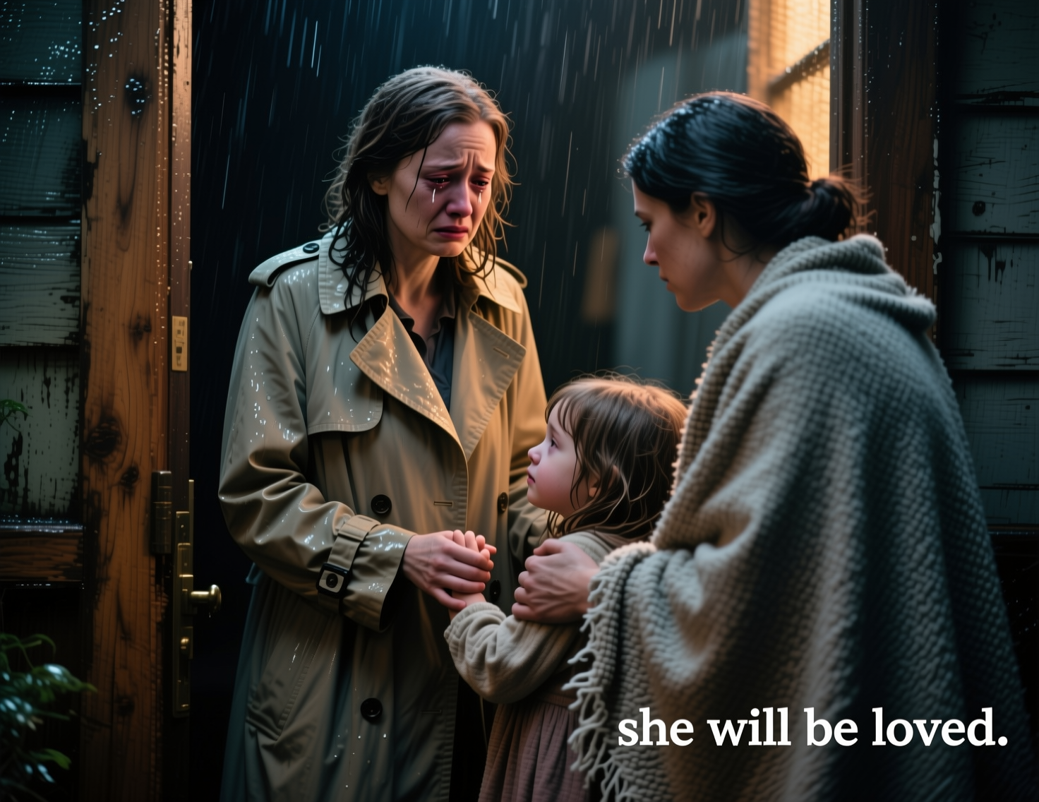 Three figures in the rain outside a doorway: a distressed woman in a trench coat, a child, and a friend offering comfort.