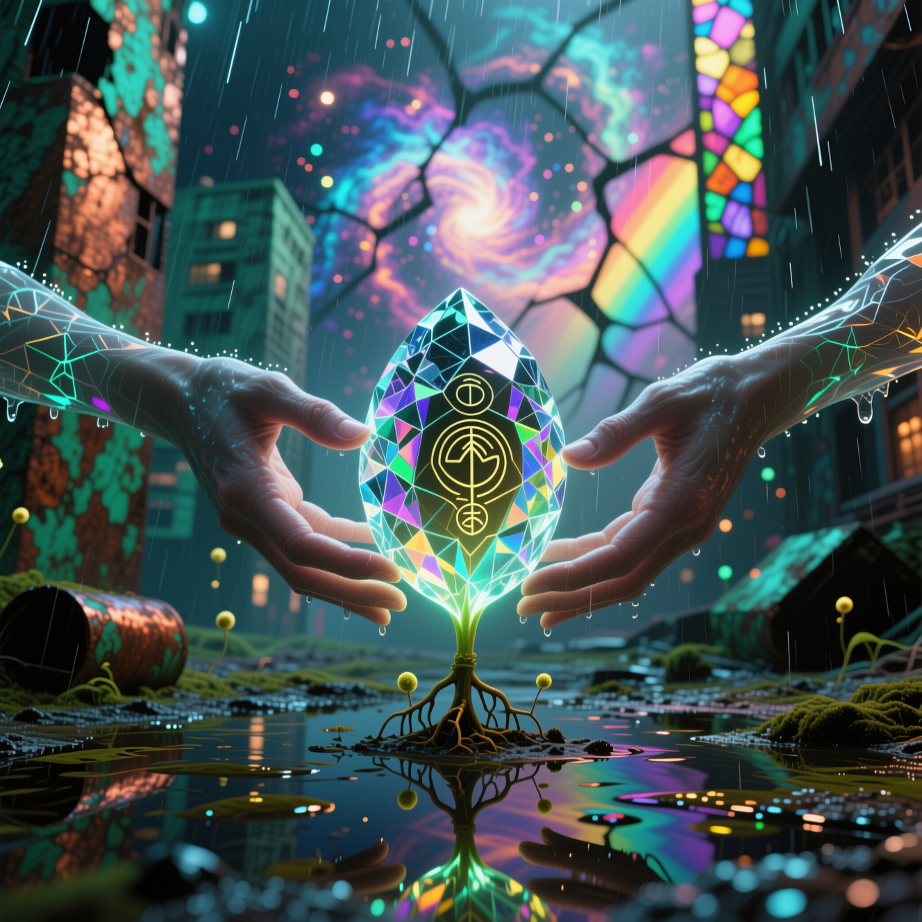 Glowing multifaceted crystal seed cradled by two holographic hands in a neon futuristic cityscape.