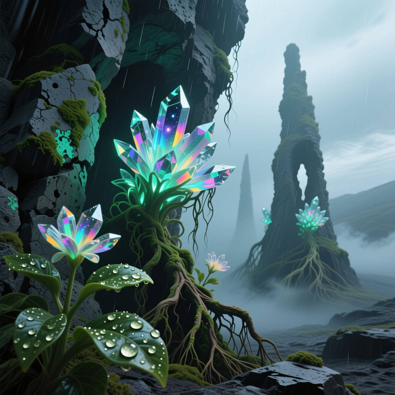 Fantasy landscape with glowing crystal flowers and mossy rocks in a misty valley