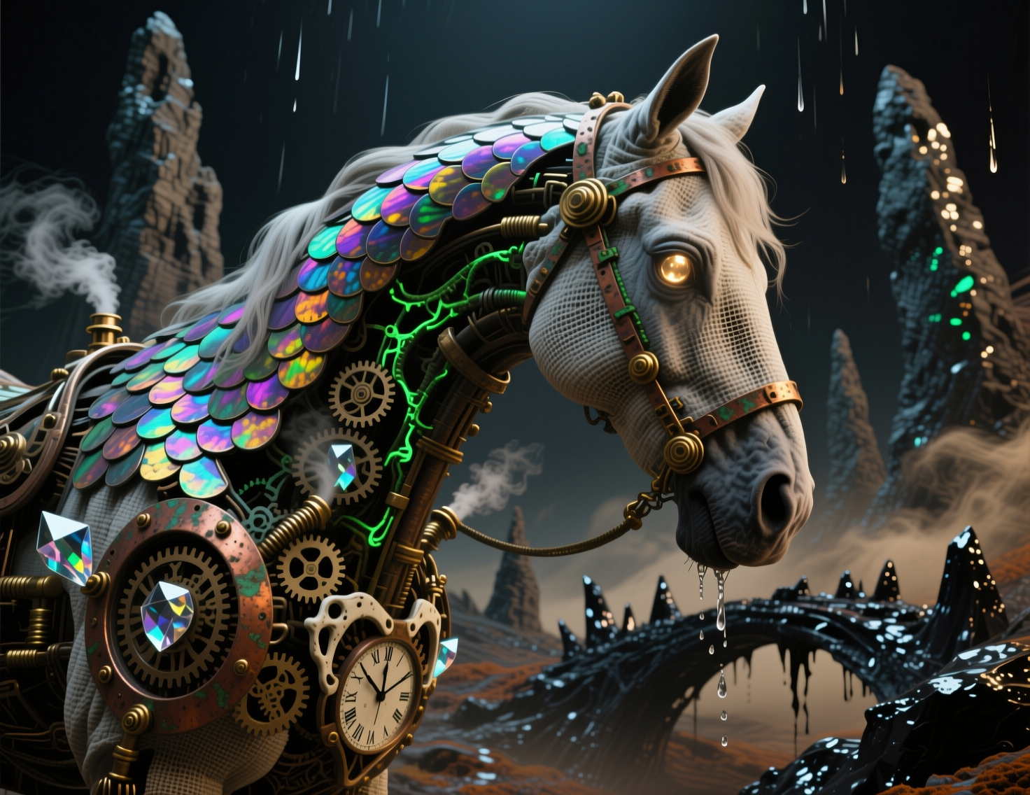 Steampunk mechanical horse with iridescent scales, gears, and neon accents in a dark fantasy landscape.