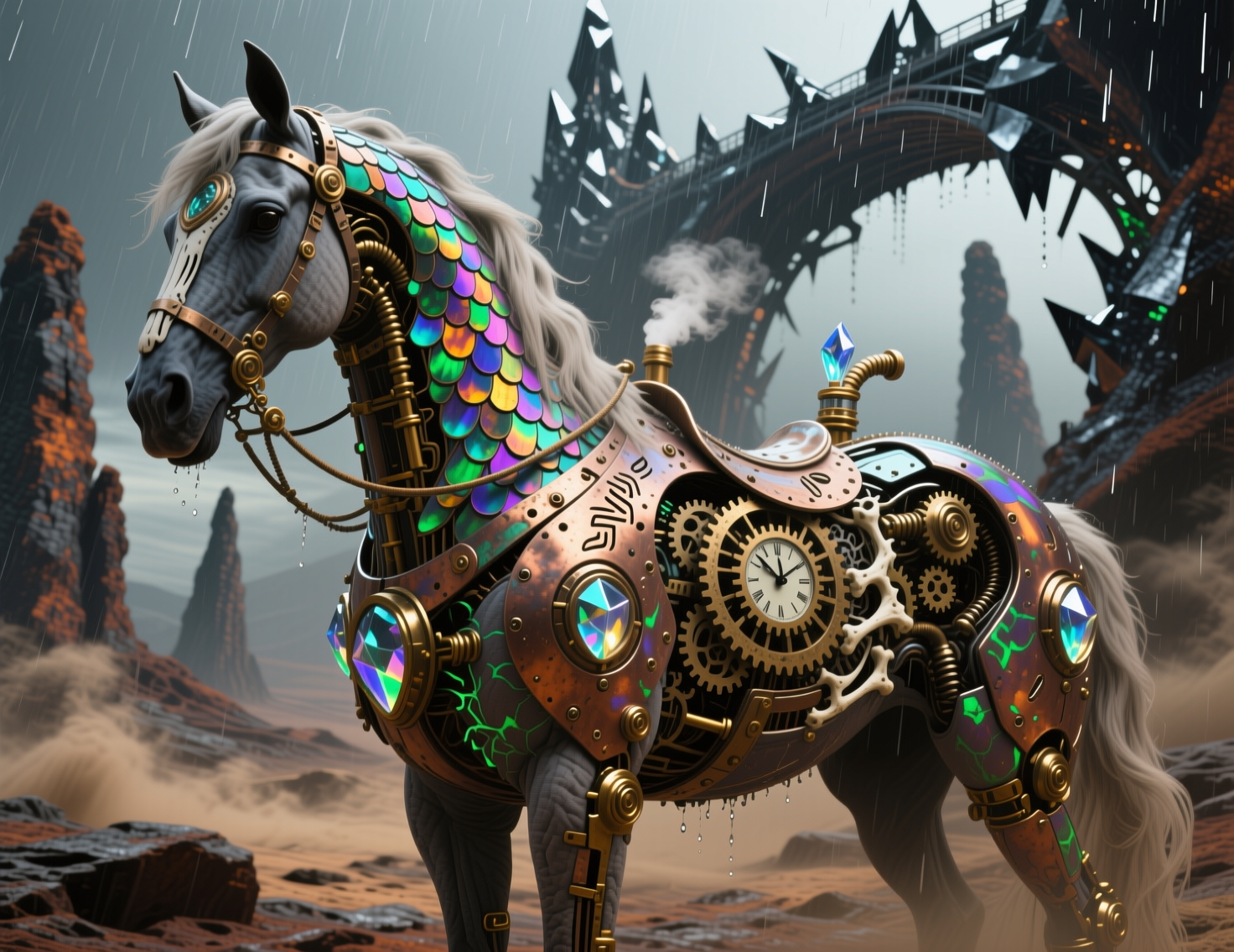 Intricately designed steampunk horse with colorful scales, gears, and steam in a rain-soaked ruined landscape.