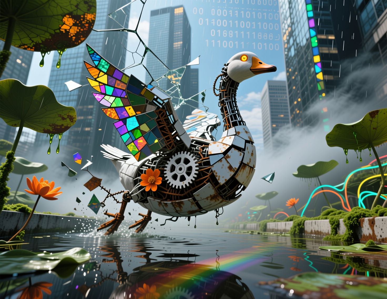 Steampunk mechanical goose made of metal scraps gliding on a reflective urban canal.