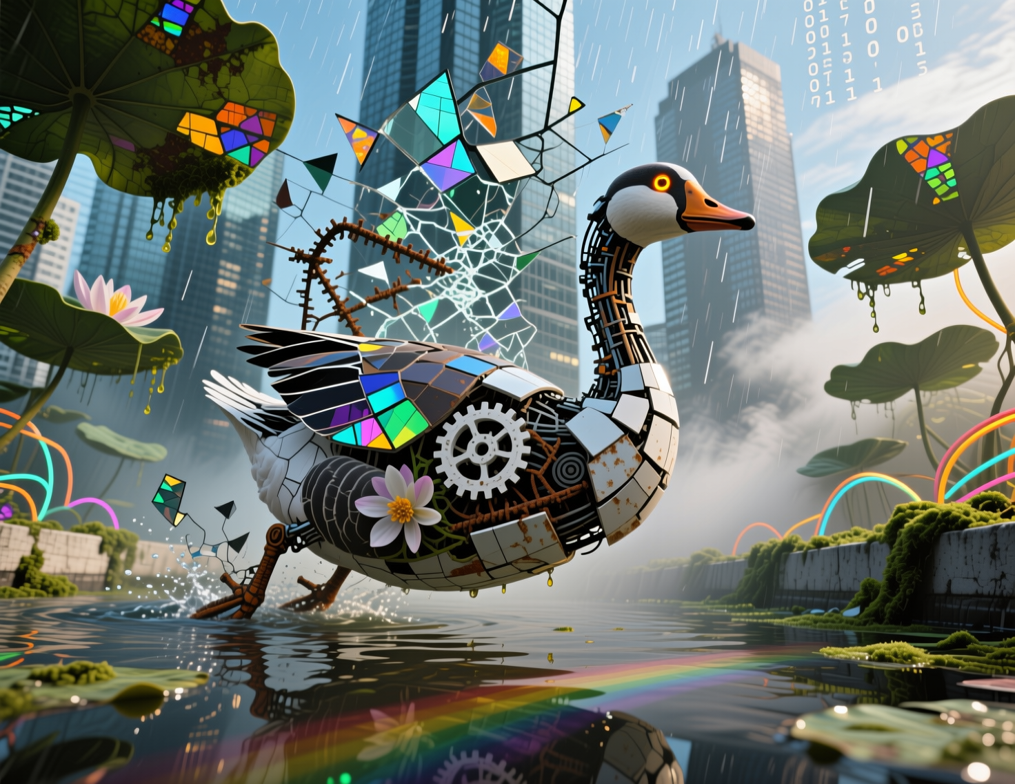 Whimsical mechanical swan sculpture built from gears and mosaic tiles gliding on rain in a futuristic city park.