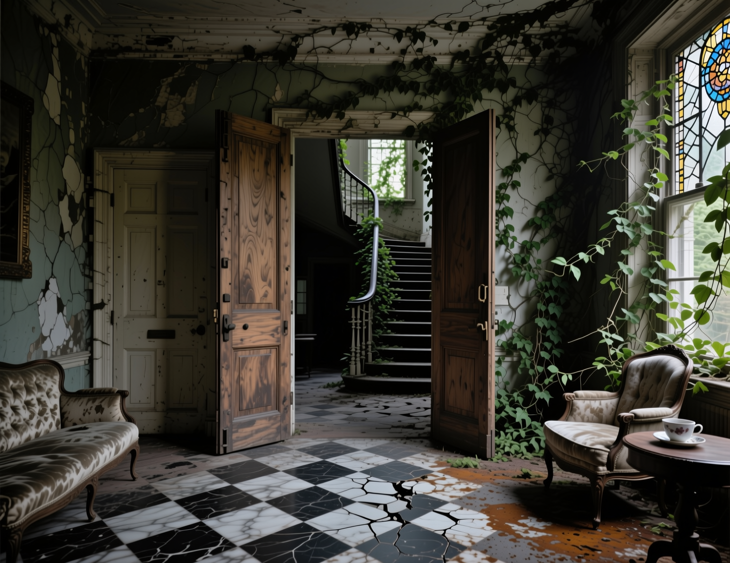 Abandoned Victorian interior with cracked checkered floor, vines, and open double doors to a curved staircase.