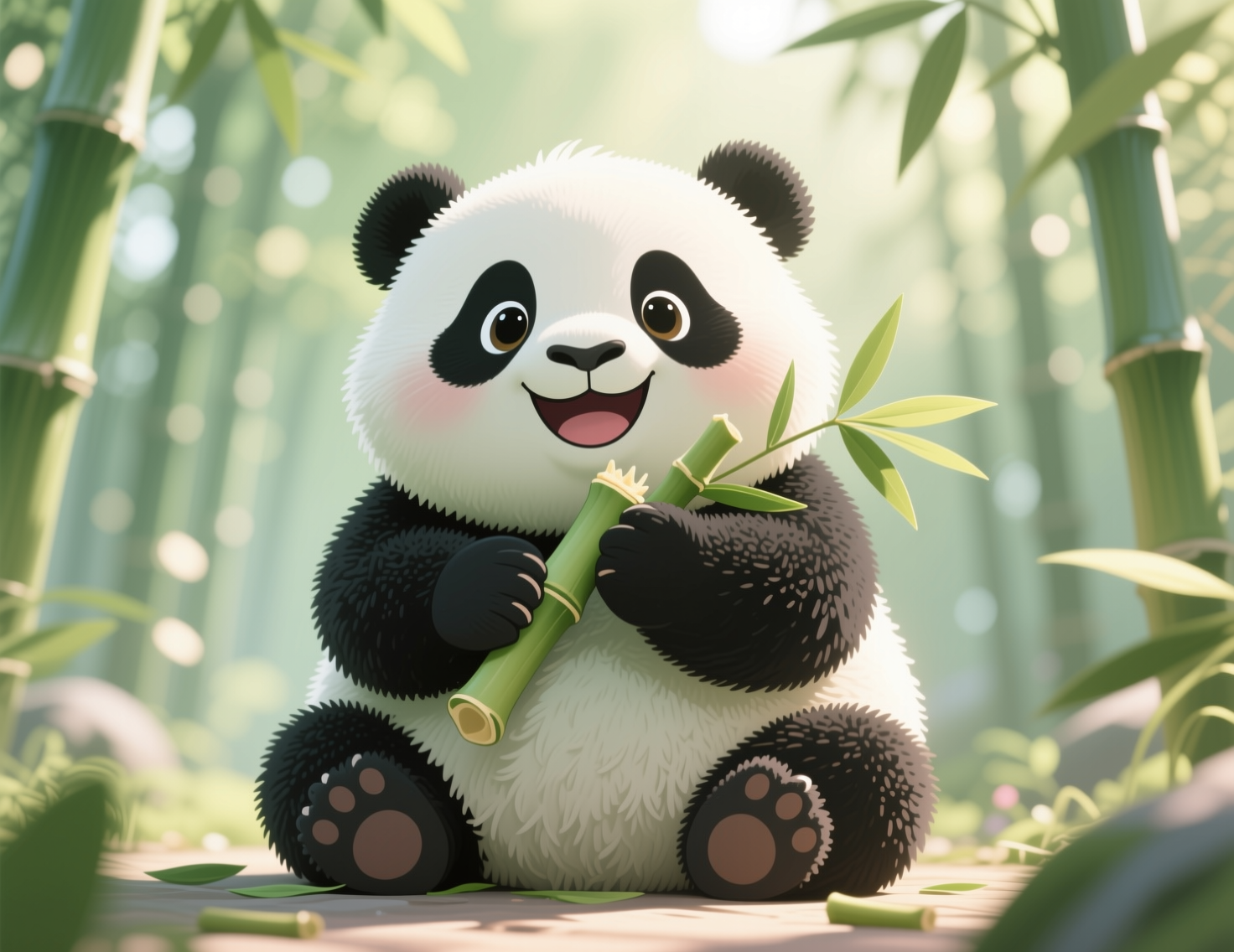 Cute panda sitting in a bamboo forest, smiling and chewing a bamboo shoot.