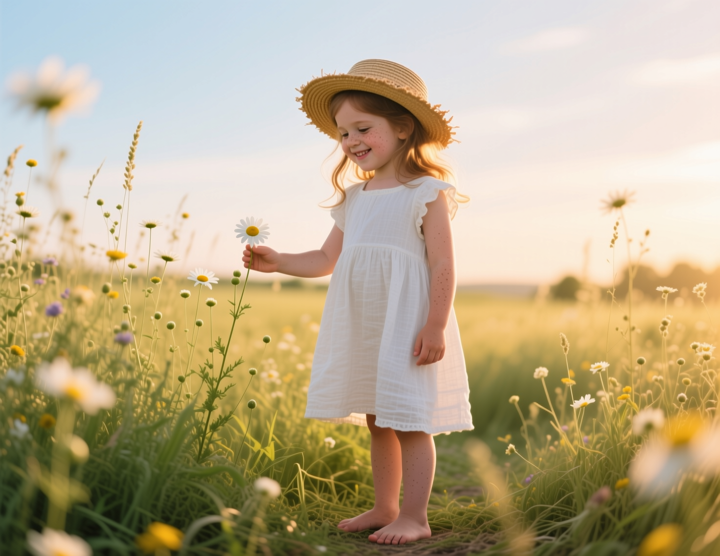 A young girl in a white dress with a straw hat standing barefoot in a sunlit wildflower field.