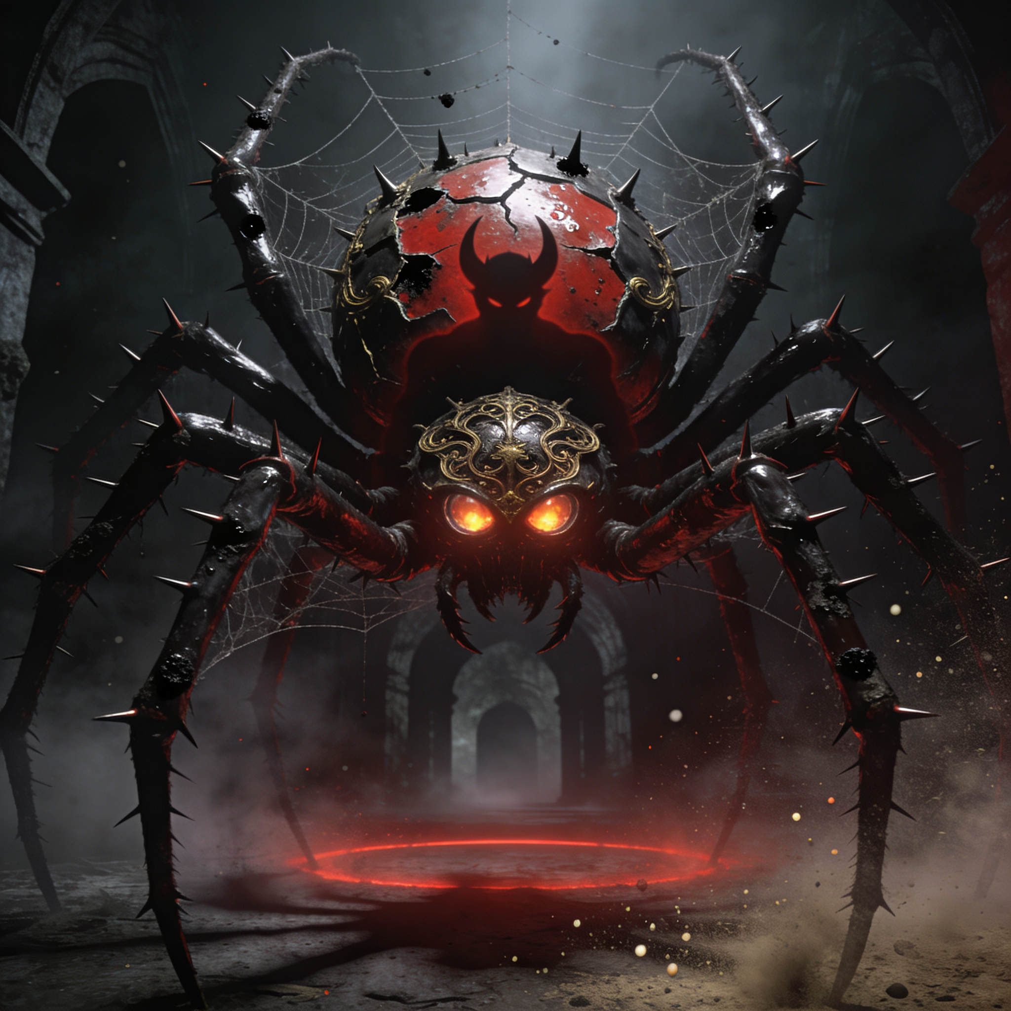 Menacing giant spider demon with red armored abdomen and glowing eyes in a dark, ruined cathedral.