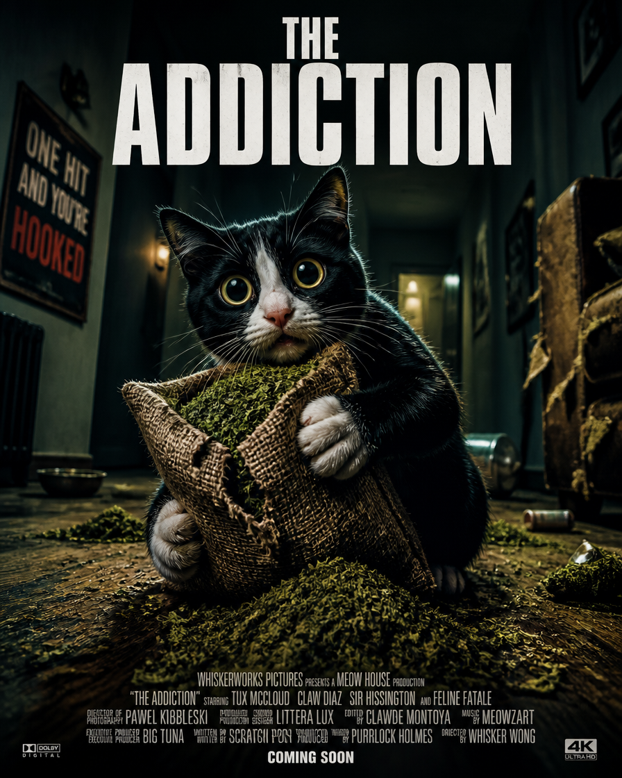 Cat clutching a torn bag of green moss in a dim hallway, movie poster for The Addiction.
