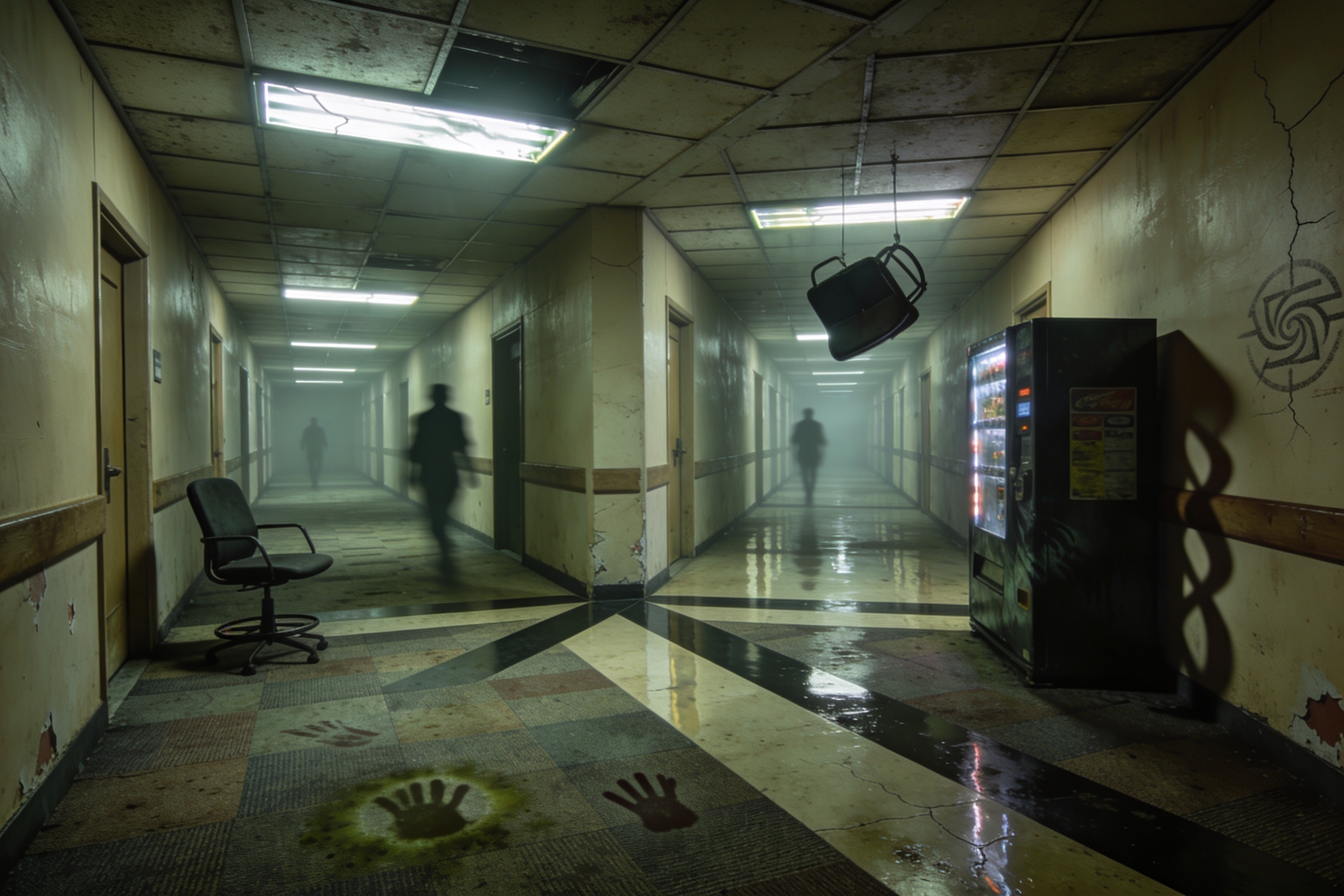 Dilapidated hotel corridor with dim lights, vending machine, and eerie shadowy figures.