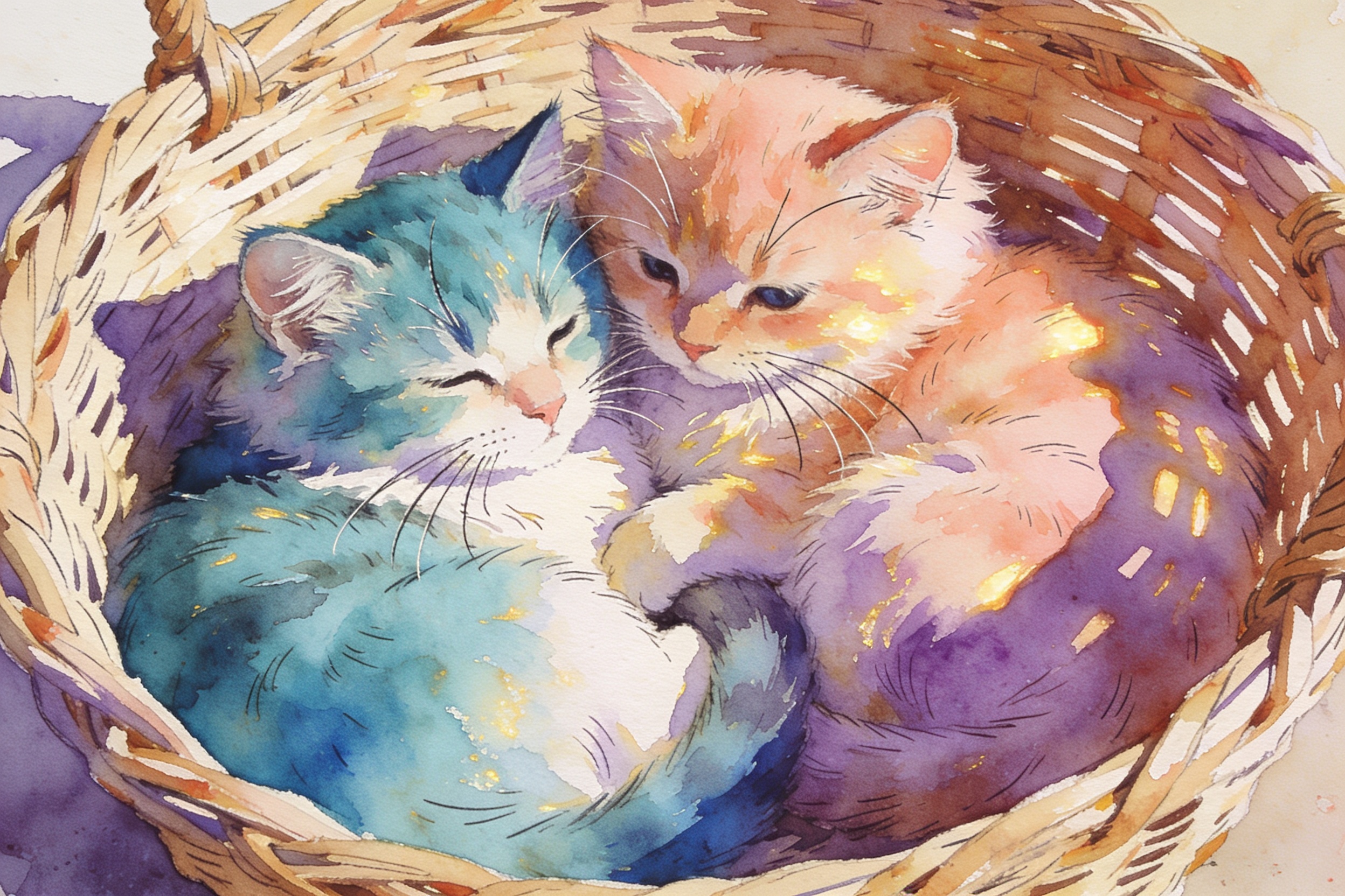 Two colorful watercolor kittens snuggle together in a woven basket.