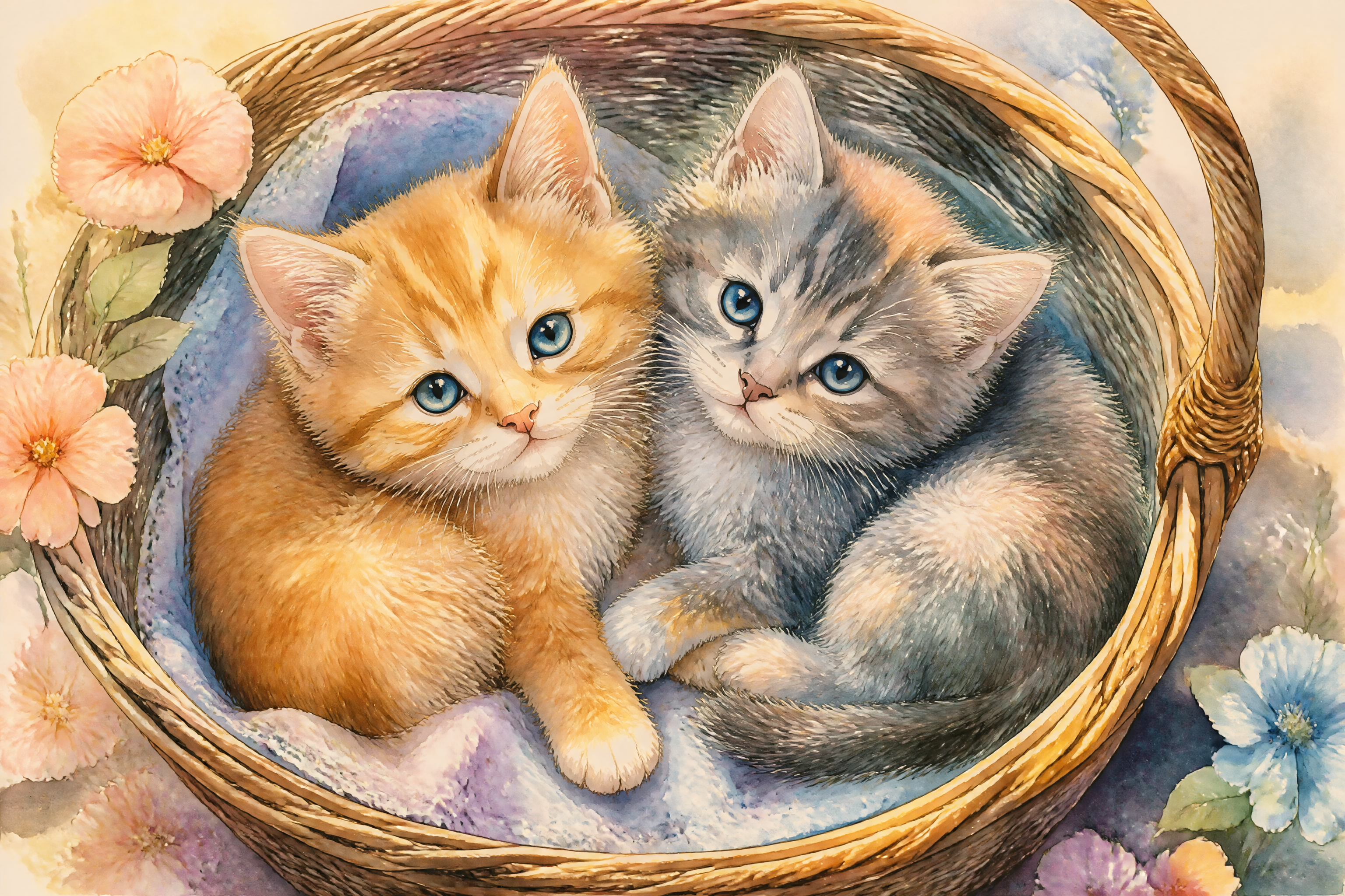 Two cuddly kittens in a woven basket with pastel flowers