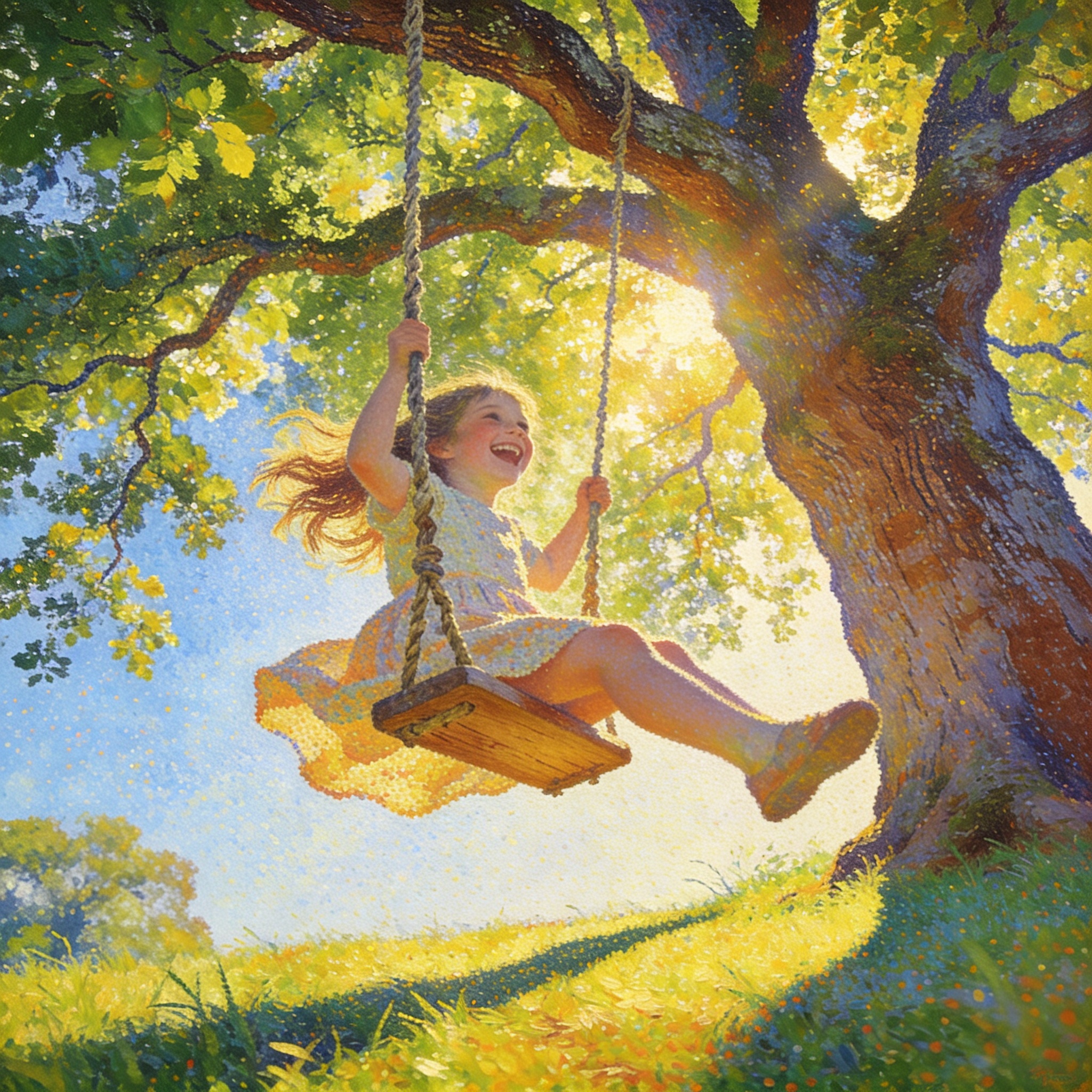 Young girl swinging on a wooden swing under a sunlit, large green tree in a bright park.