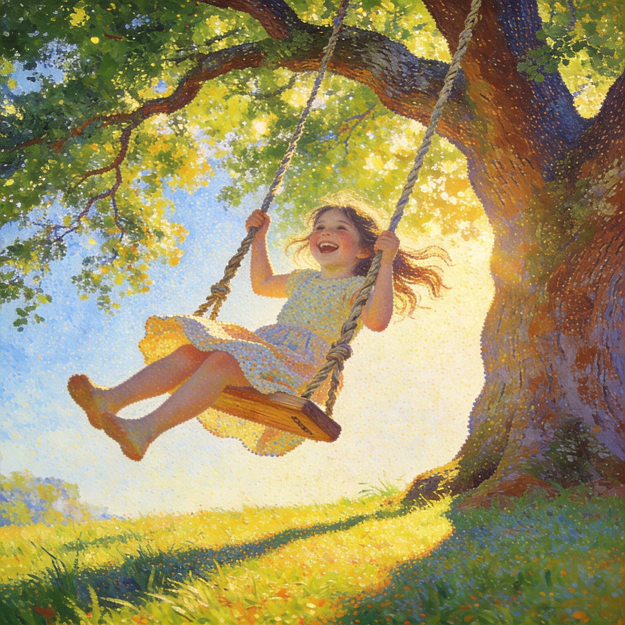 Girl on a wooden swing hanging from a large sunlit tree in a bright summer scene.