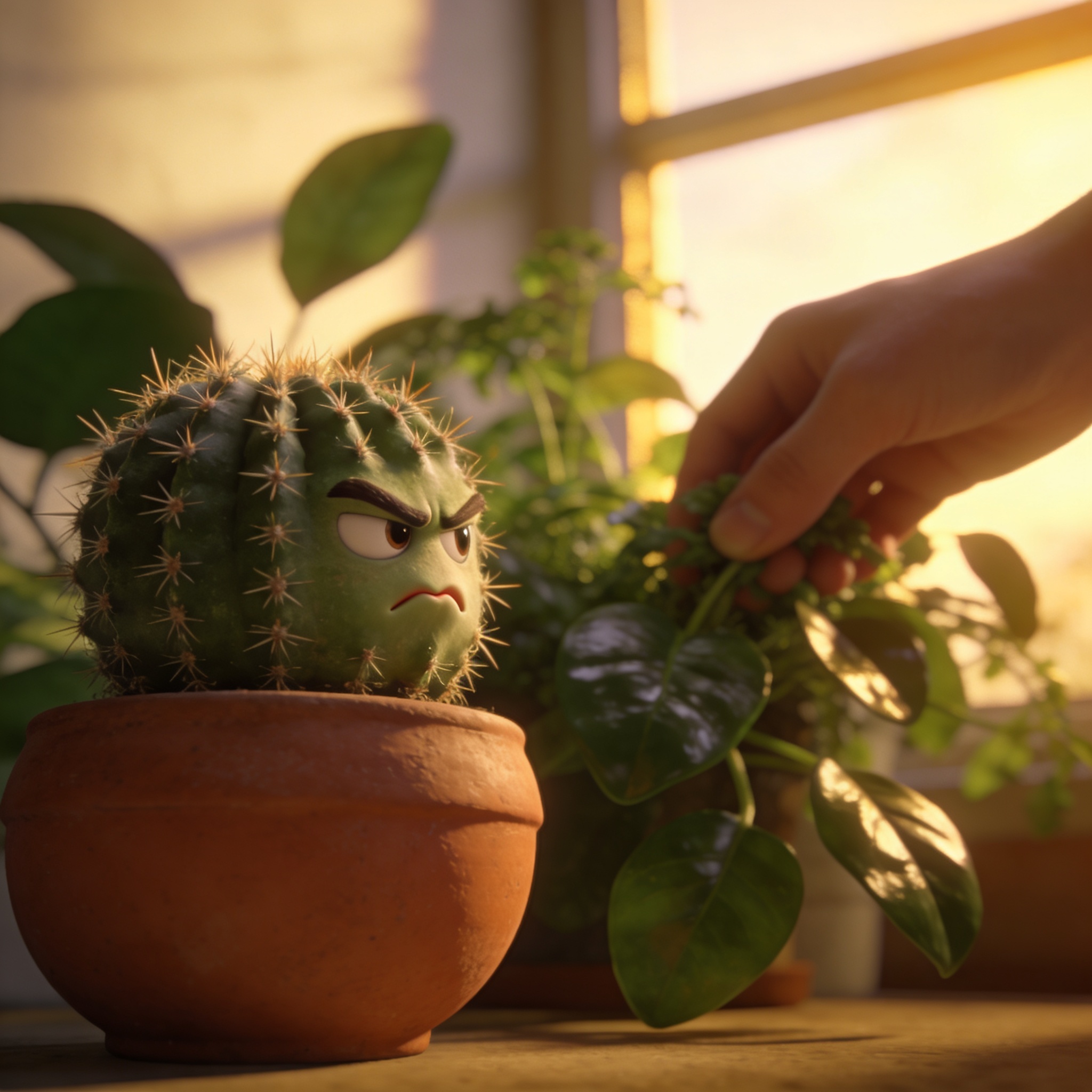Angry cartoon cactus in a terracotta pot on a sunlit windowsill.