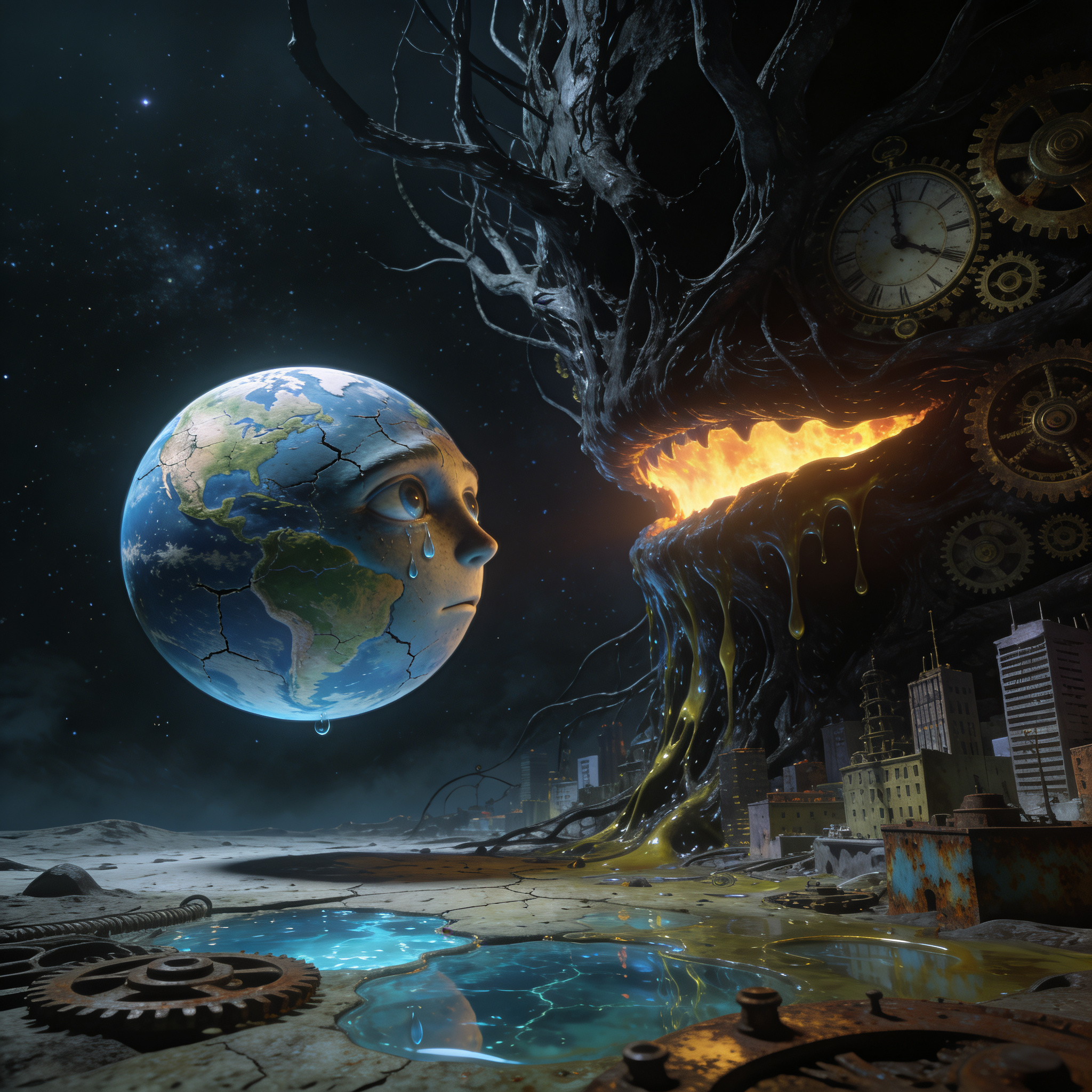 Cracked Earth weeping beside a fiery, gnarled tree monster and clockwork gears over a ruined city.