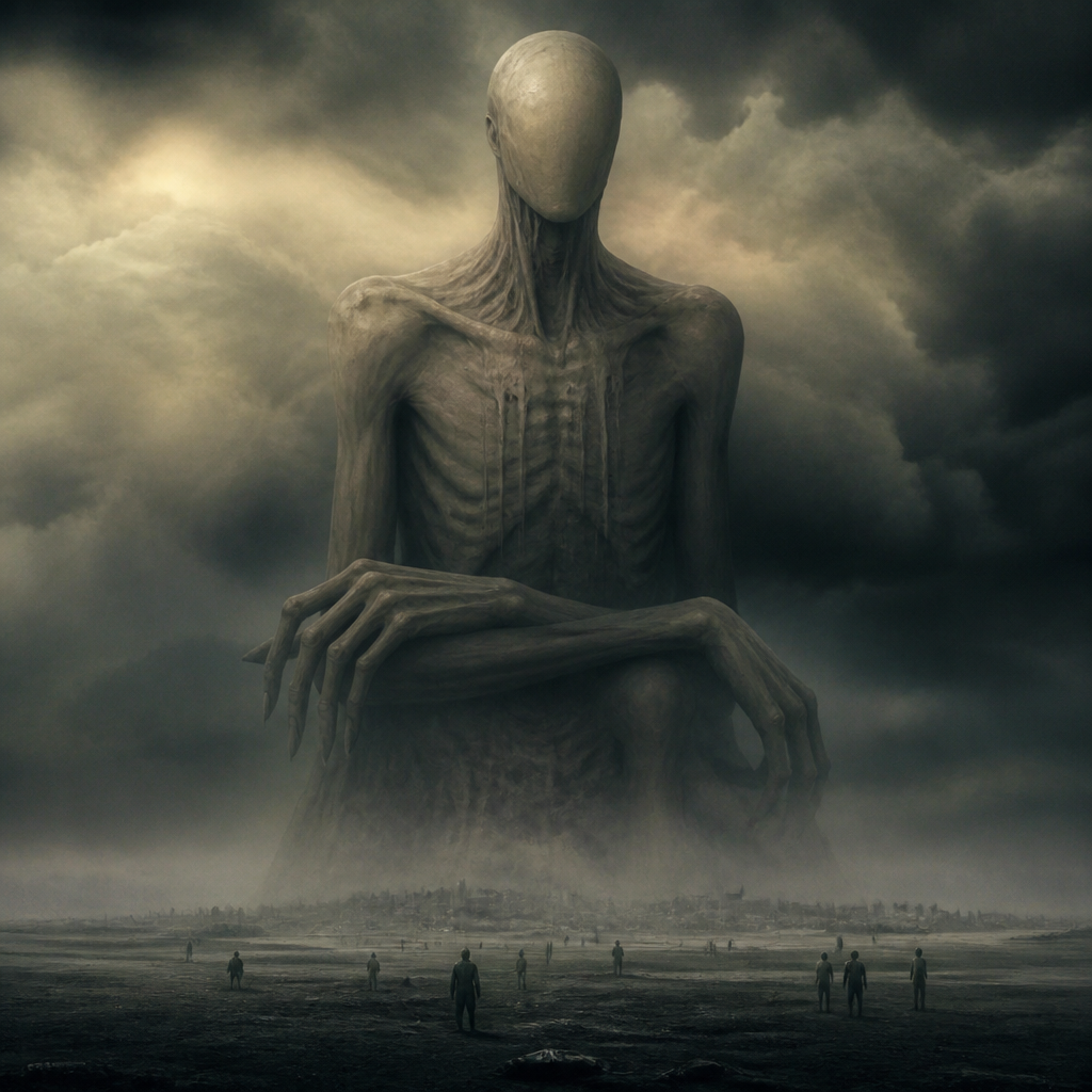 A colossal pale humanoid giant looms over a desolate foggy landscape with tiny figures beneath.