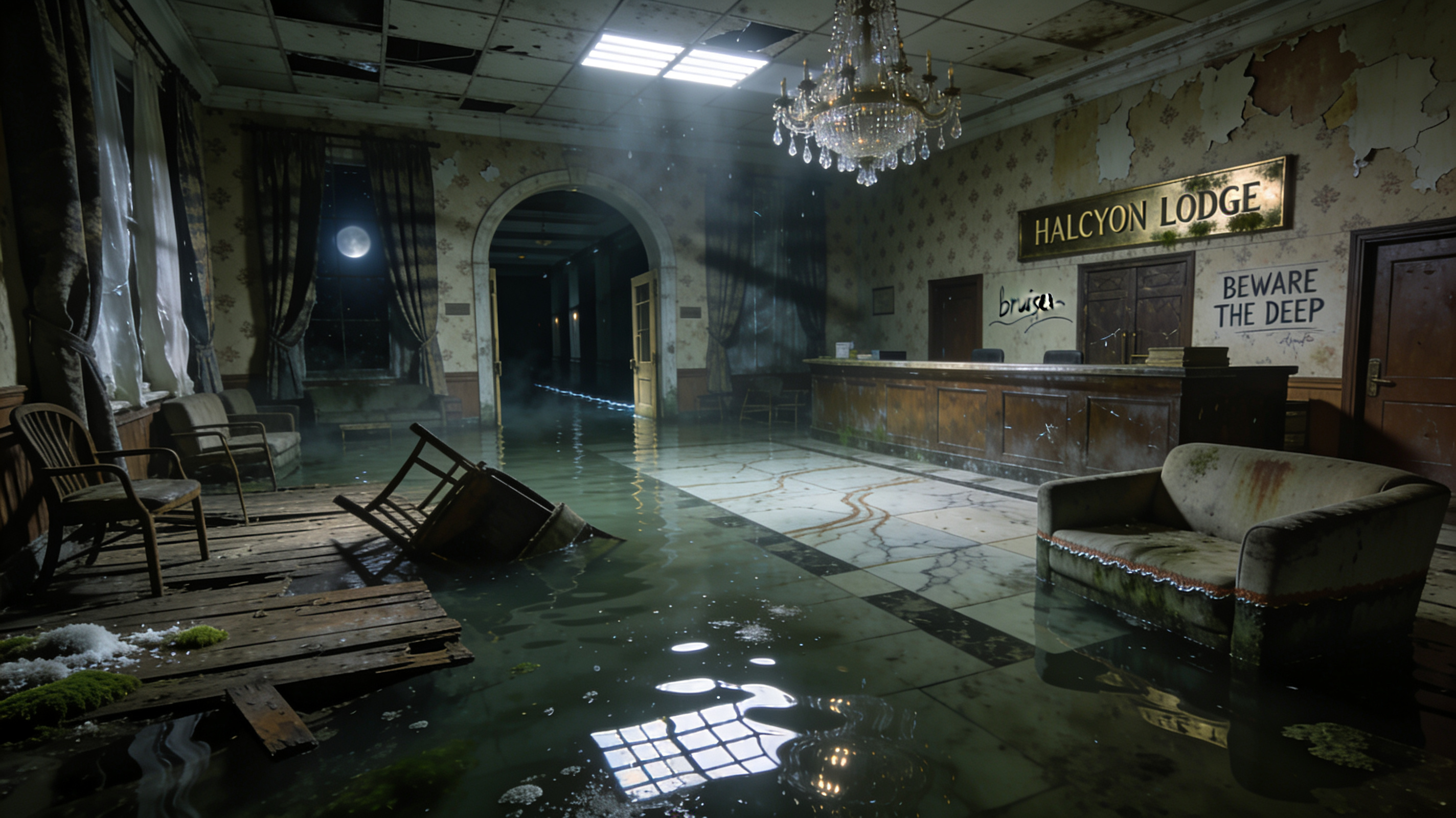 Abandoned hotel lobby flooded with water, broken furniture, chandelier, and peeling walls.