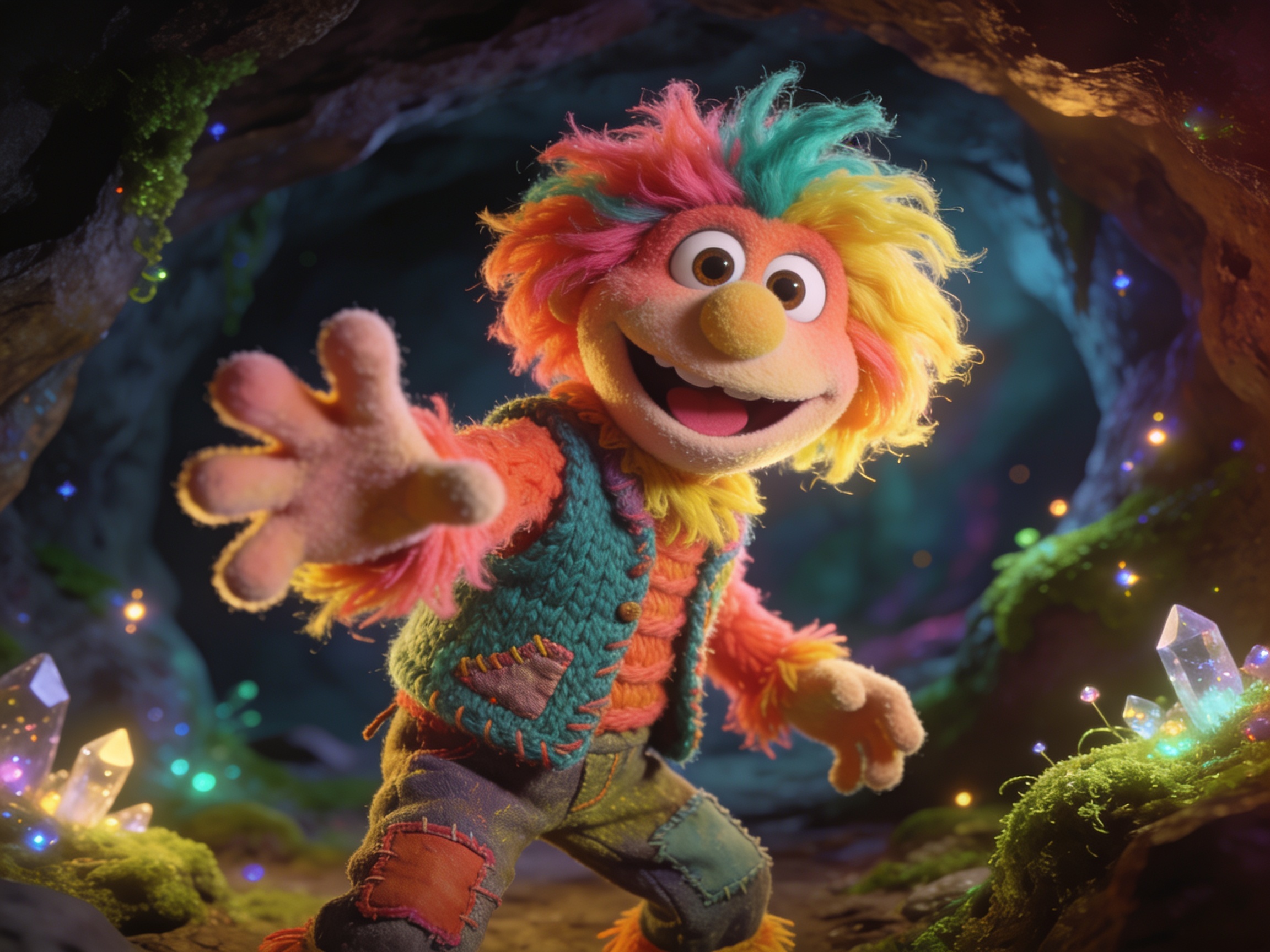 Colorful fuzzy puppet with rainbow hair extends toward the camera in a crystal-lit cave.