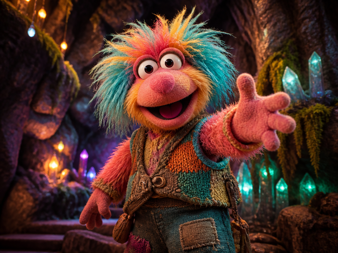 Colorful fluffy Muppet-style monster reaching toward the camera inside a glowing crystal cave.