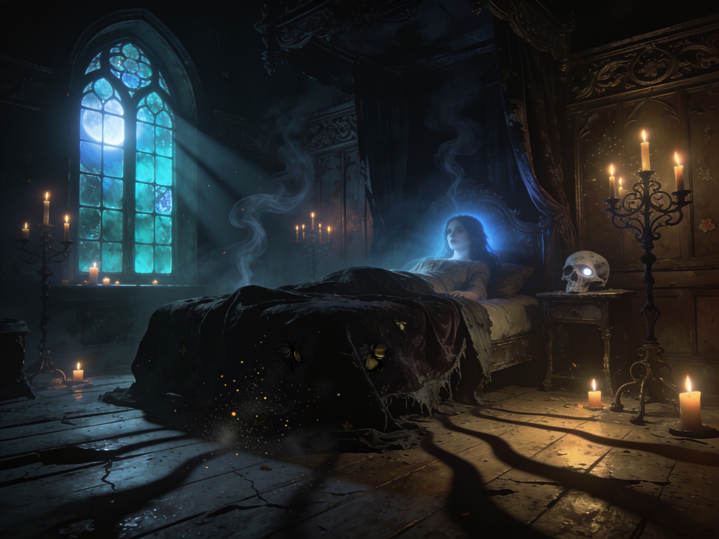 Gothic bedroom scene with a glowing woman in bed, skull on a side table, and candlelit, moonlit ambiance.