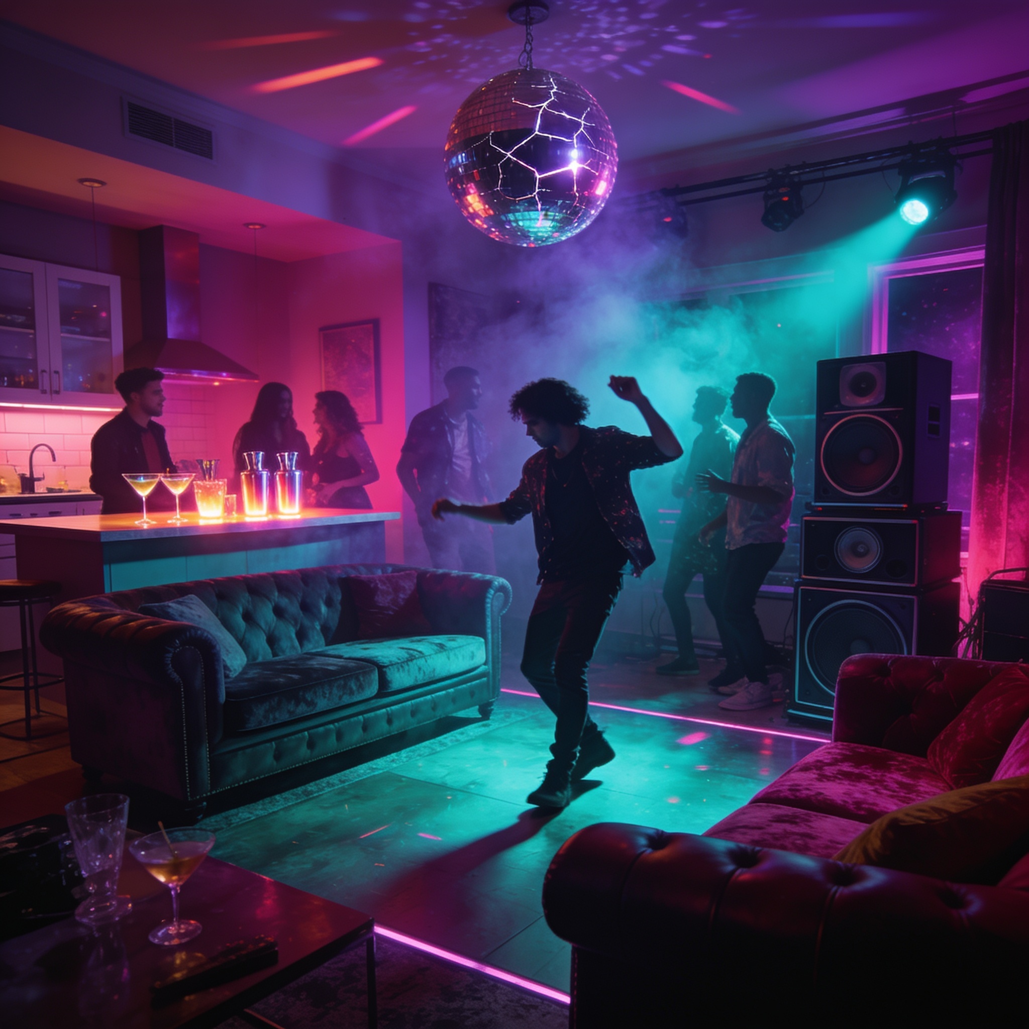 Group of people dancing under a disco ball in a colorful, club-like living room with fog and a bar area.