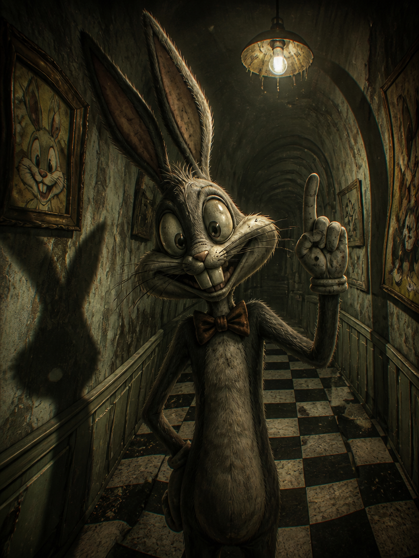 A tall gray cartoon rabbit in a bow tie stands in a dim, creepy hallway, pointing upward.