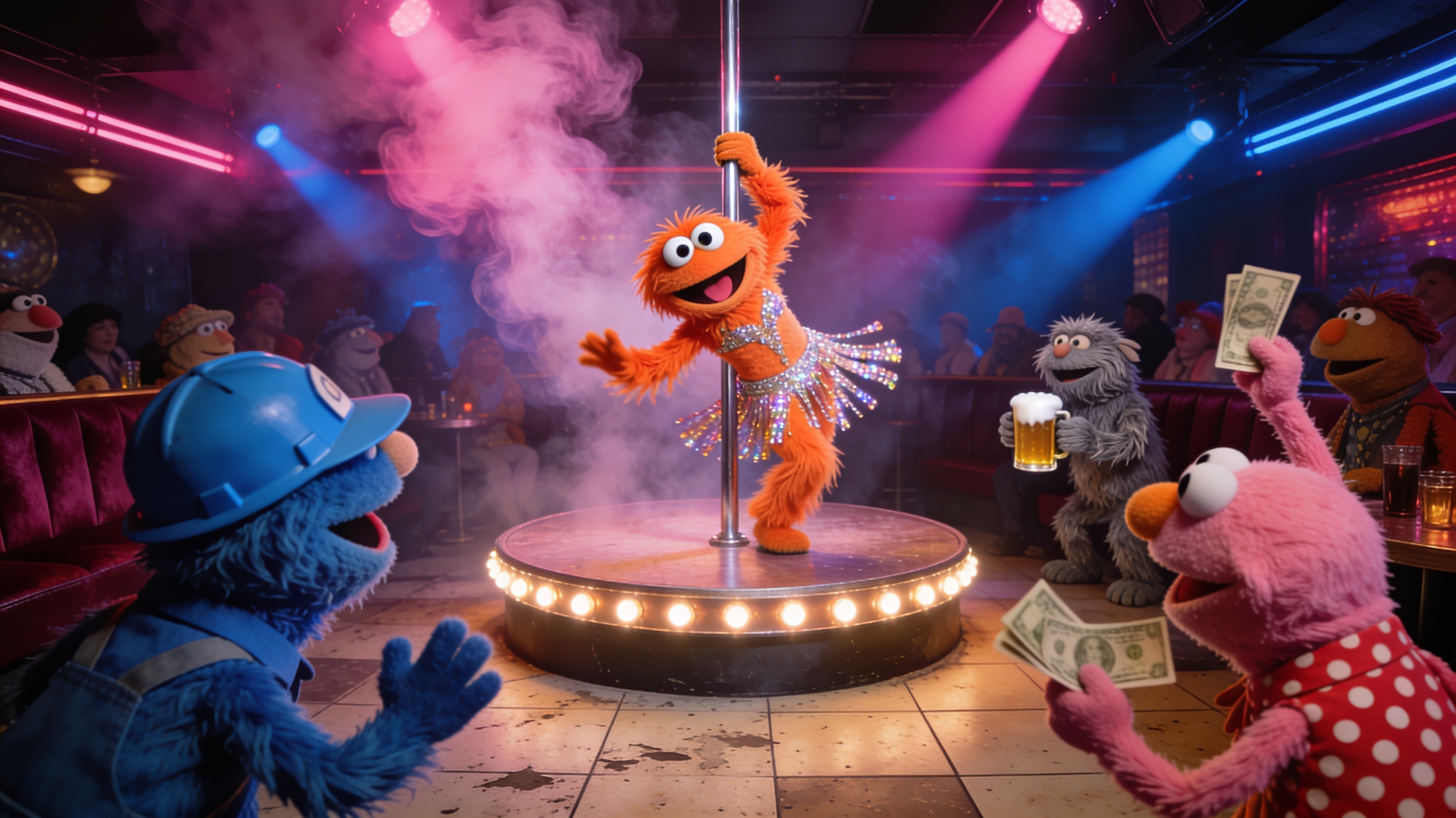 [Bright orange fuzzy Muppet puppet pole dances on lit nightclub stage as other puppet characters cheer and tip from the au...