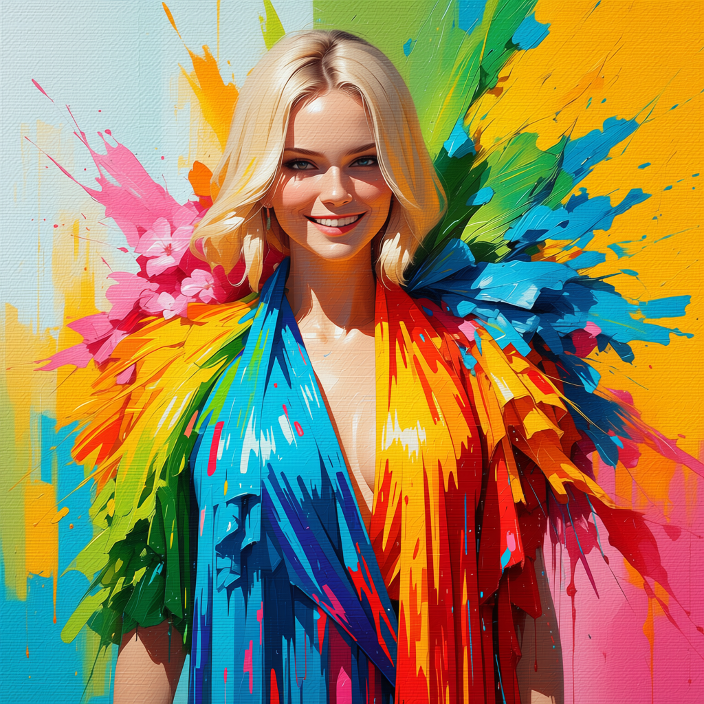 Vibrant painted portrait of a smiling blonde woman framed by bold rainbow paint splatter accents