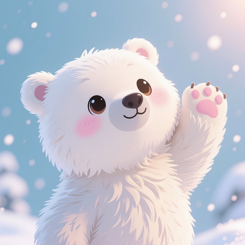 Cute white cartoon polar bear cub waving in a snowy blue winter scene.