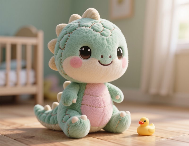 Cute pastel-green plush dinosaur with pink belly sitting on a wooden floor beside a small yellow rubber duck.