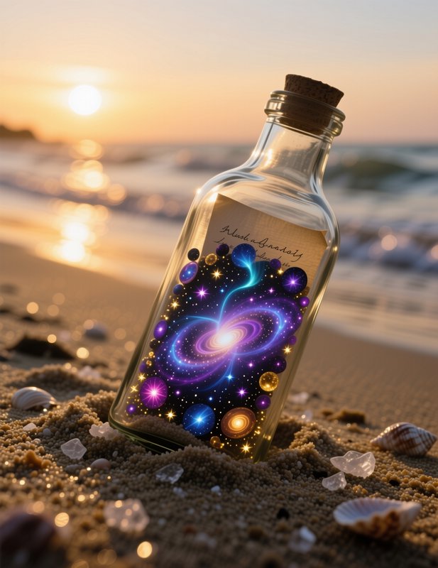 Glass bottle on a sandy beach with a cork, featuring a vibrant galaxy artwork label.