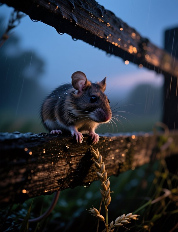 Mouse on a rain-wet wooden fence at twilight with glistening droplets.