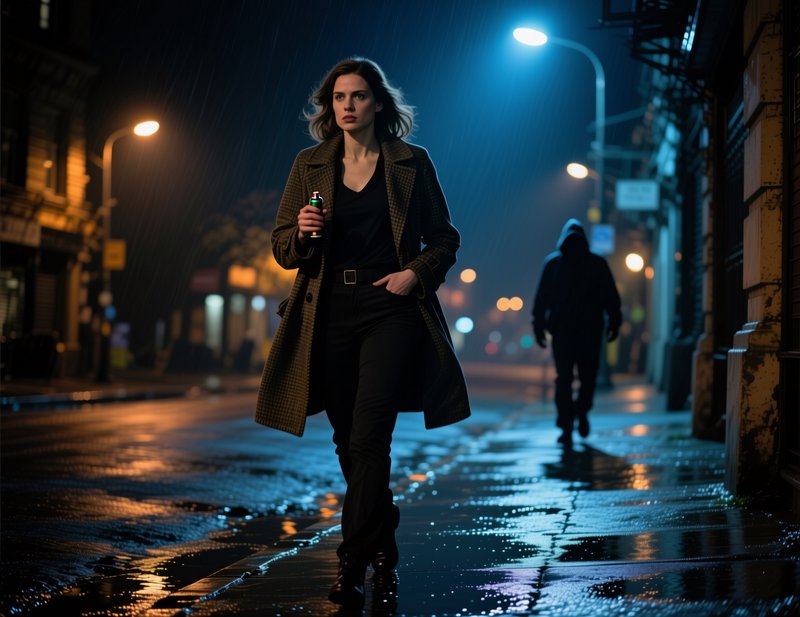 Woman walking on a rain-soaked neon-lit city street at night, wearing a brown coat and black outfit.