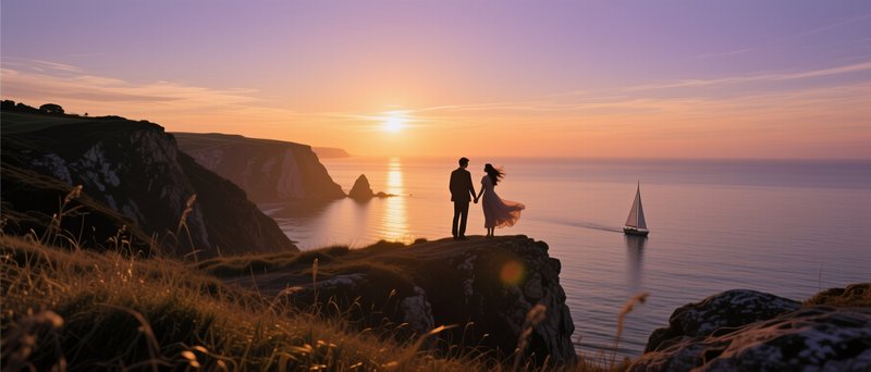 Couple standing on a cliff at sunset overlooking the sea with a sailboat nearby.