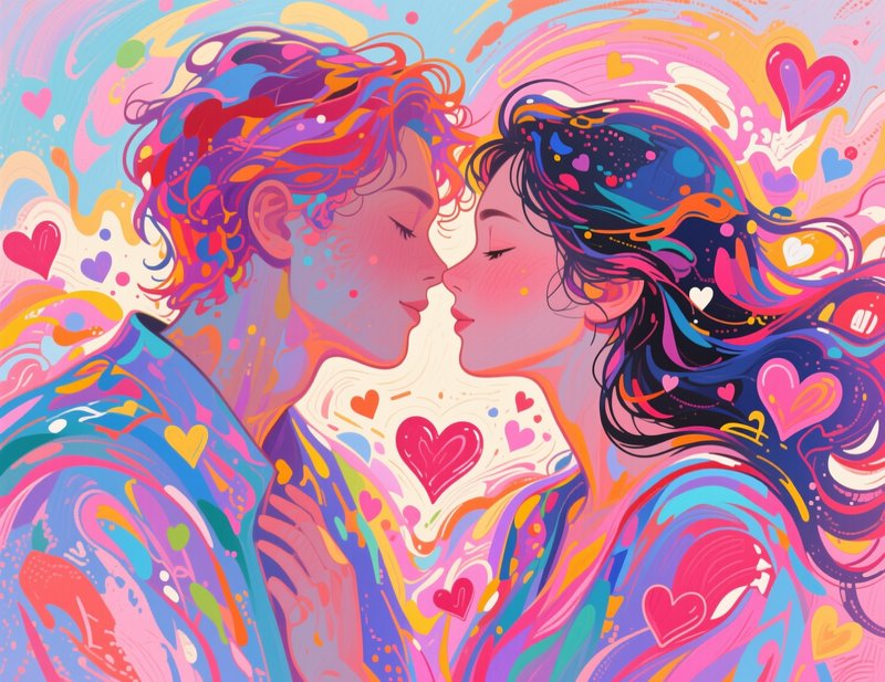 Vibrant abstract painting of a couple kissing surrounded by colorful hearts.