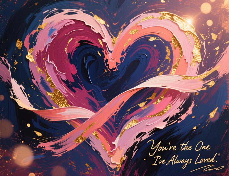 Abstract colorful heart swirl with gold accents and the romantic quote "You're the One I've Always Loved."