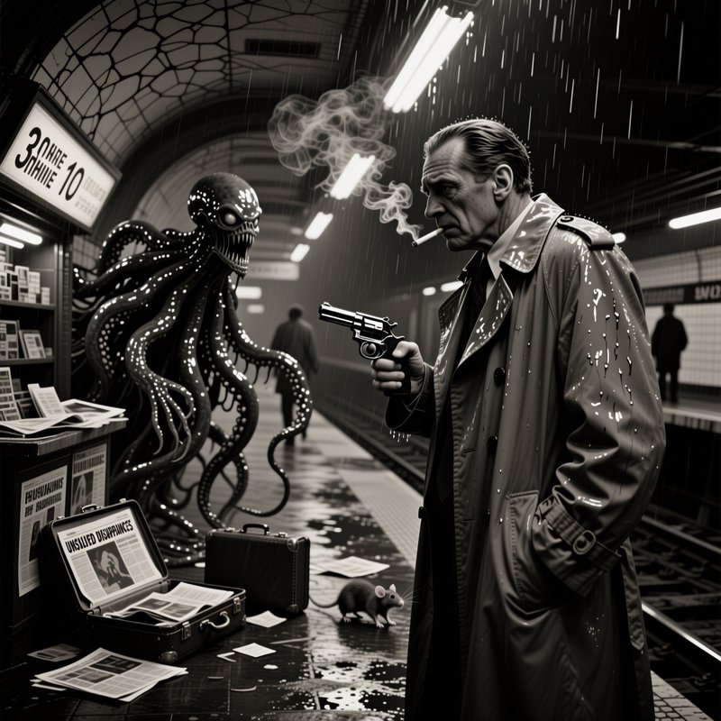 Black-and-white subway noir scene with a detective facing a tentacled alien