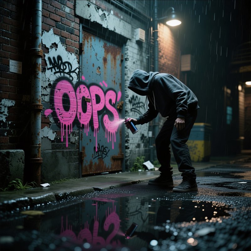 A hooded figure spray-paints bright pink graffiti reading "oops" on a rusty door in a rainy, dim alley.