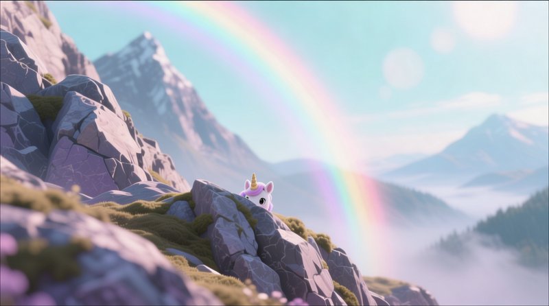 A cute unicorn peeks over a rocky mountain ridge under a vibrant rainbow.