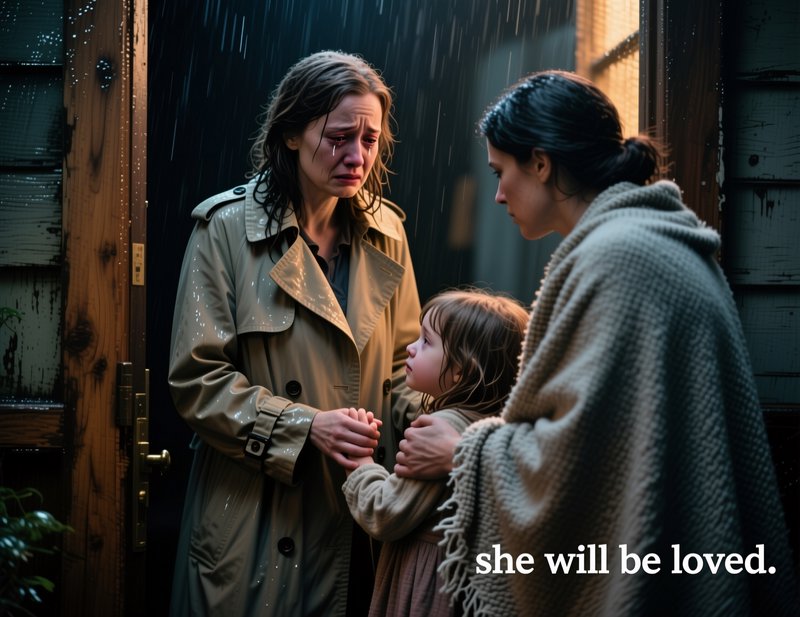 Three figures in the rain outside a doorway: a distressed woman in a trench coat, a child, and a friend offering comfort.