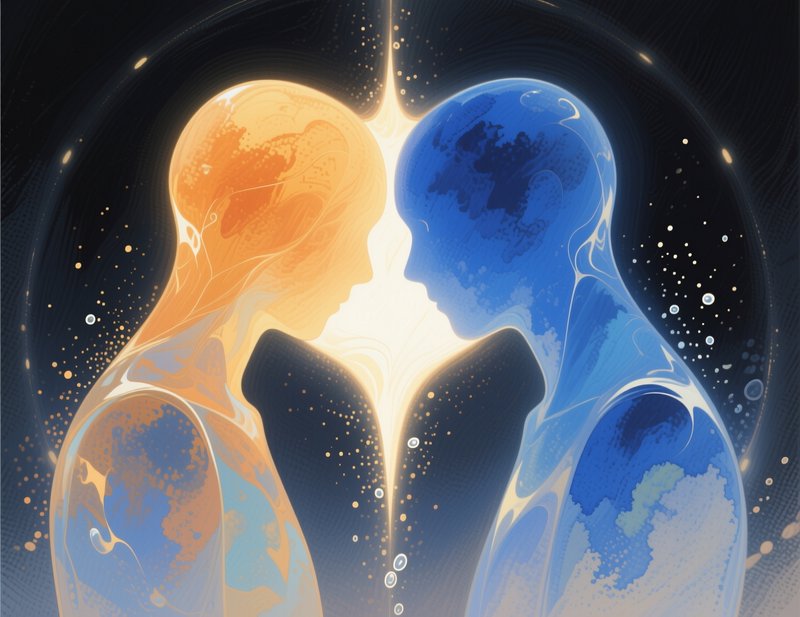 Two ethereal silhouettes, orange and blue, face each other as a radiant energy line connects them.